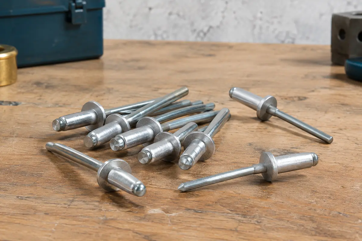 Rivets aveugles argentés en aluminium à tête large, disposés sur un établi en bois