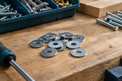 Lot de rondelles plates en acier zingué argenté posé sur un établi en bois brut