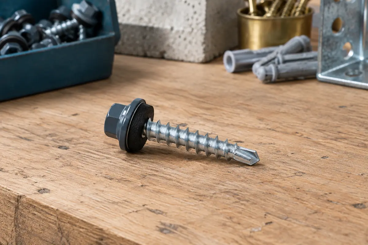 Vis de toiture zinguée à tête hexagonale gris anthracite, pointe autoperceuse et rondelle EPDM