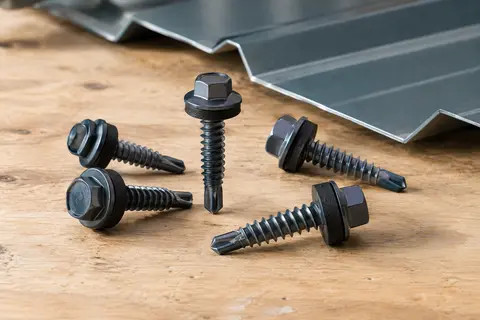 Vis autoperceuses anthracite avec pointe foreuse et rondelles EPDM posées près d’une tôle profilée