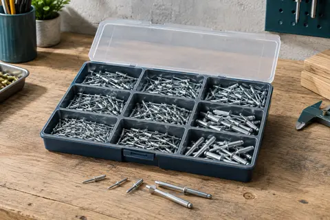 Boîte à neuf compartiments contenant des rivets aveugles en aluminium triés par diamètre et longueur.