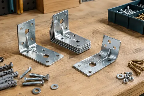 Équerres de fixation galvanisées à nervure et trous prépercés posées sur un établi en bois.