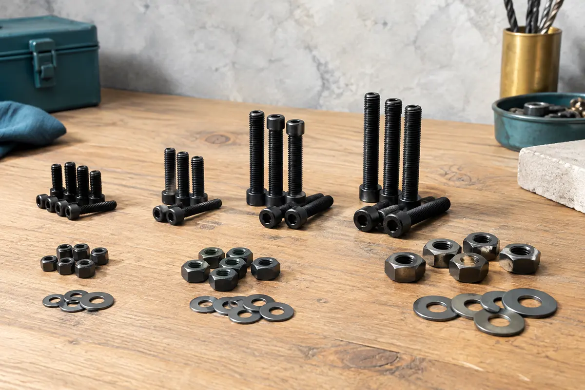 Vis métriques noires à tête cylindrique, écrous hexagonaux et rondelles présentés sur un établi en bois.