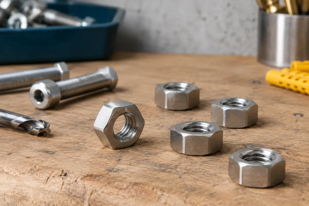Écrou hexagonal M5 en acier inoxydable argenté posé sur un établi en bois brut