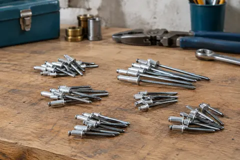 Rivets aveugles à tête plate en aluminium et mandrins en acier présentés sur un établi en bois