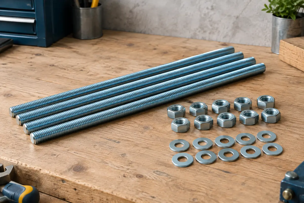 Cinq tiges filetées M8 à finition zinc bleu, avec écrous et rondelles, disposées sur un établi en bois