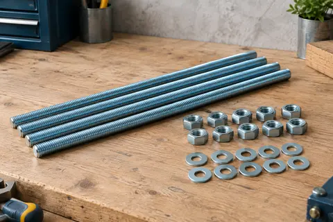 Cinq tiges filetées M8 à finition zinc bleu, avec écrous et rondelles, disposées sur un établi en bois