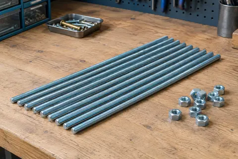 Lot de tiges filetées M8 en acier zingué, alignées sur un établi en bois brut.