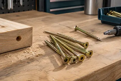 Vis à bois longues en acier jaune zingué, avec tête fraisée et empreinte Torx, posées sur un établi.