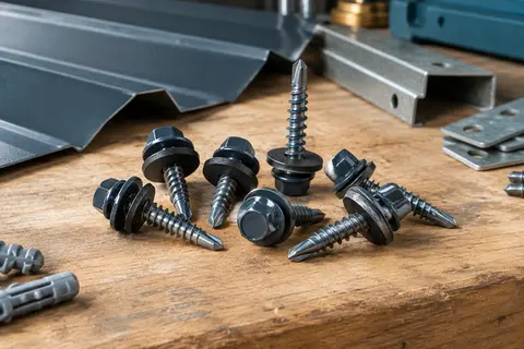 Vis autoforeuses anthracite à tête hexagonale et rondelle EPDM posées sur un établi en bois