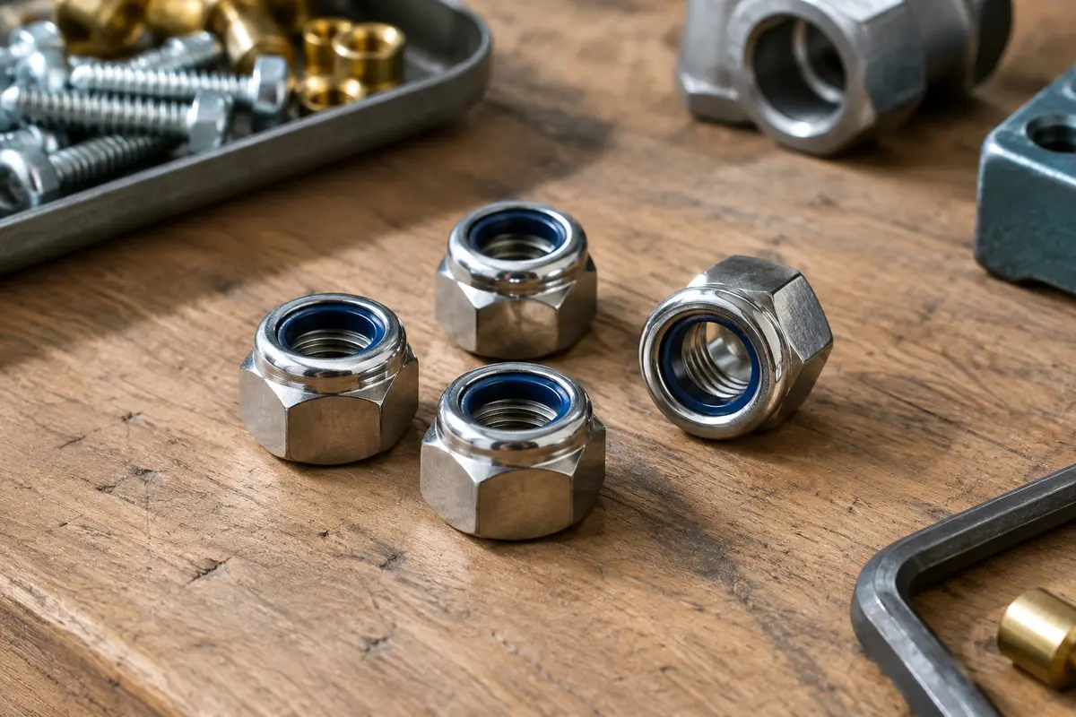 Écrous frein hexagonaux en inox A2 avec insert nylon, posés sur un établi en bois brut.