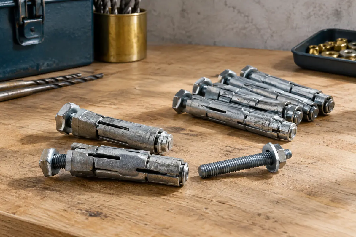 Chevilles métalliques à expansion grises avec vis M4, disposées sur un établi en bois