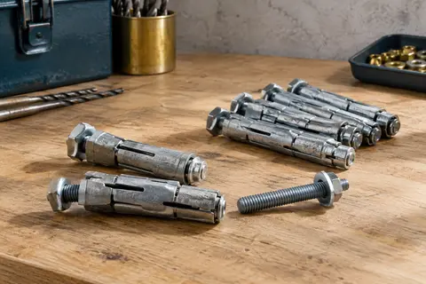 Chevilles métalliques à expansion grises avec vis M4, disposées sur un établi en bois