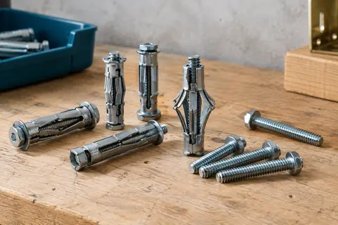 Chevilles métalliques grises à expansion avec vis, disposées sur un établi en bois.