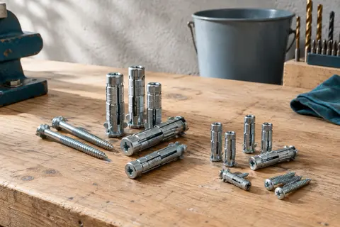 Chevilles métalliques grises pour mur creux, avec leurs vis, présentées en deux formats sur un établi