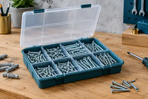 Assortiment de vis à bois zinguées à tête fraisée rangées dans une boîte sur un établi