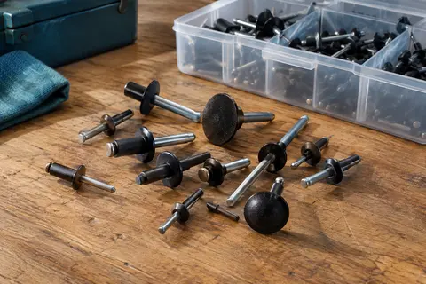 Rivets aveugles noirs à tête large de plusieurs formats disposés près d’une boîte compartimentée