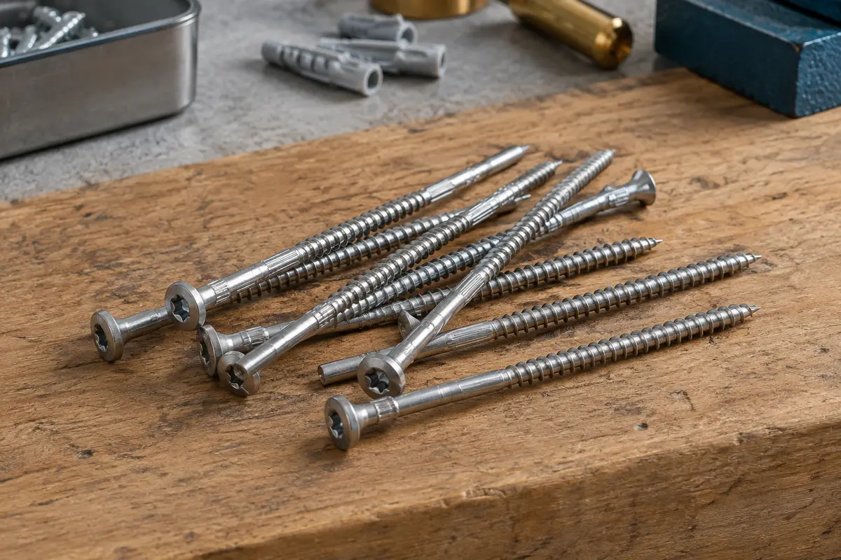 Vis de terrasse en inox A2 à tête fraisée bombée et empreinte Torx, posées sur un établi en bois brut