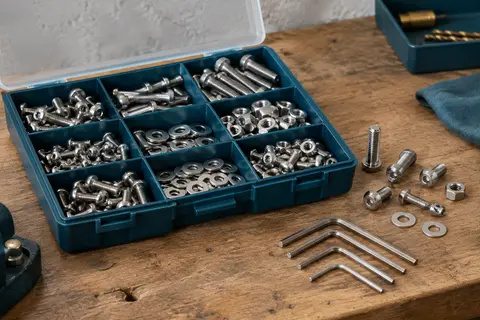 Coffret compartimenté de vis métriques inox avec écrous, rondelles et clés sur un établi en bois.