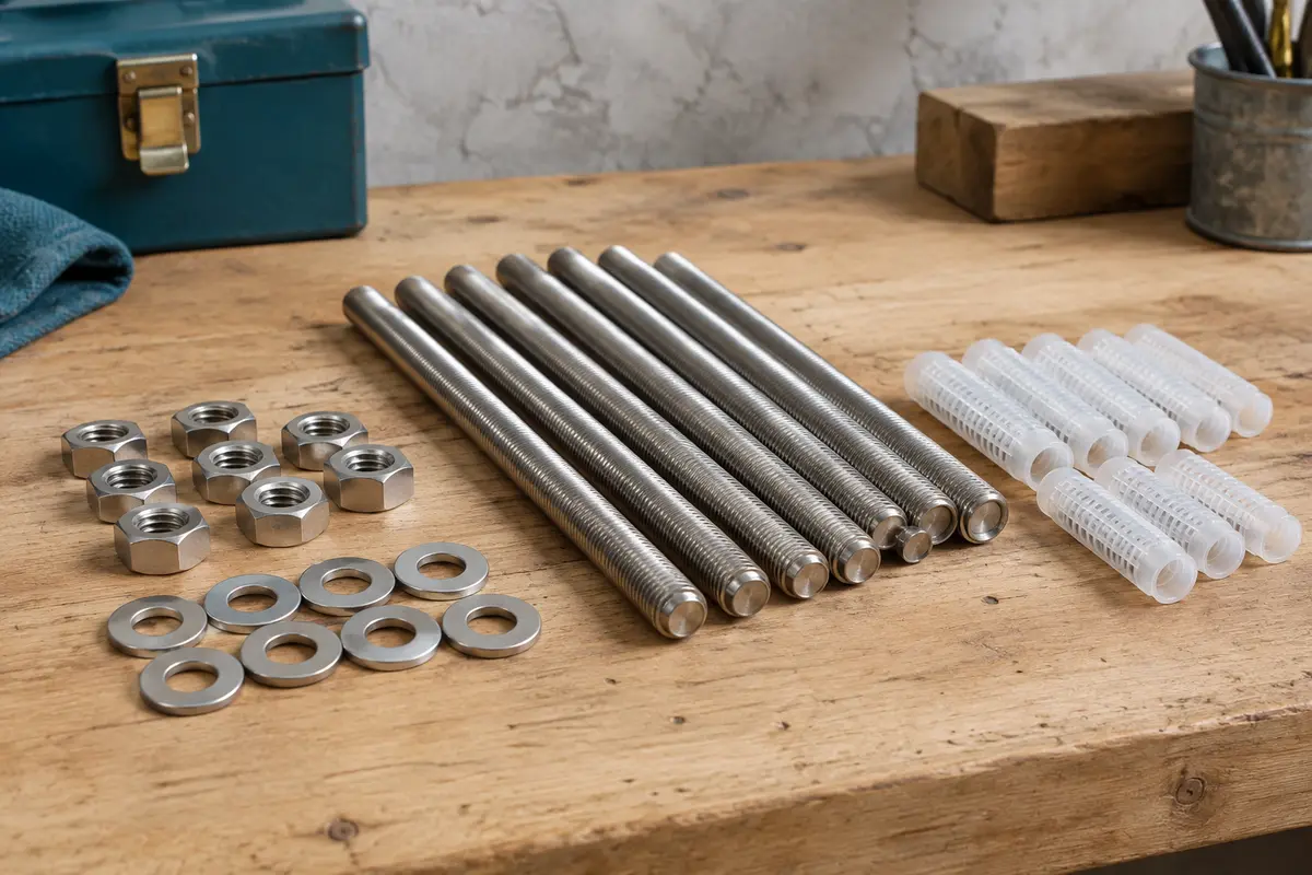 Tiges filetées inox avec écrous, rondelles et tamis en nylon pour ancrage chimique