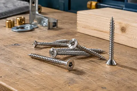 Vis à bois en acier inoxydable argenté avec filetage complet, tête fraisée et empreinte TORX sur un établi en bois