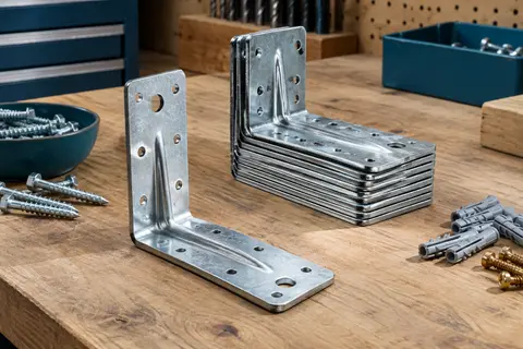Équerres d’assemblage renforcées en acier galvanisé, avec nervures et trous visibles sur un établi en bois.