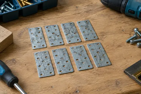 Dix plaques plates galvanisées à trous décalés disposées sur un établi en bois brut.
