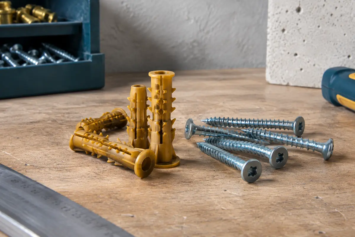 Chevilles universelles à rebord avec dents anti-rotation et vis, posées sur un établi en bois