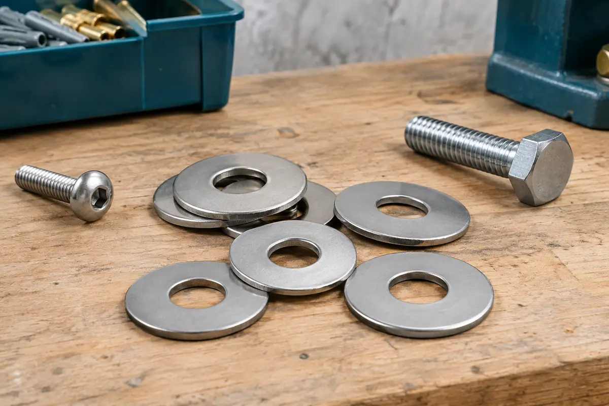 Rondelles plates M6 en acier inoxydable A2 à large diamètre, posées sur un établi en bois