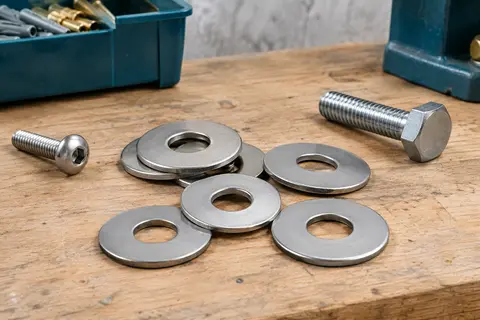 Rondelles plates M6 en acier inoxydable A2 à large diamètre, posées sur un établi en bois