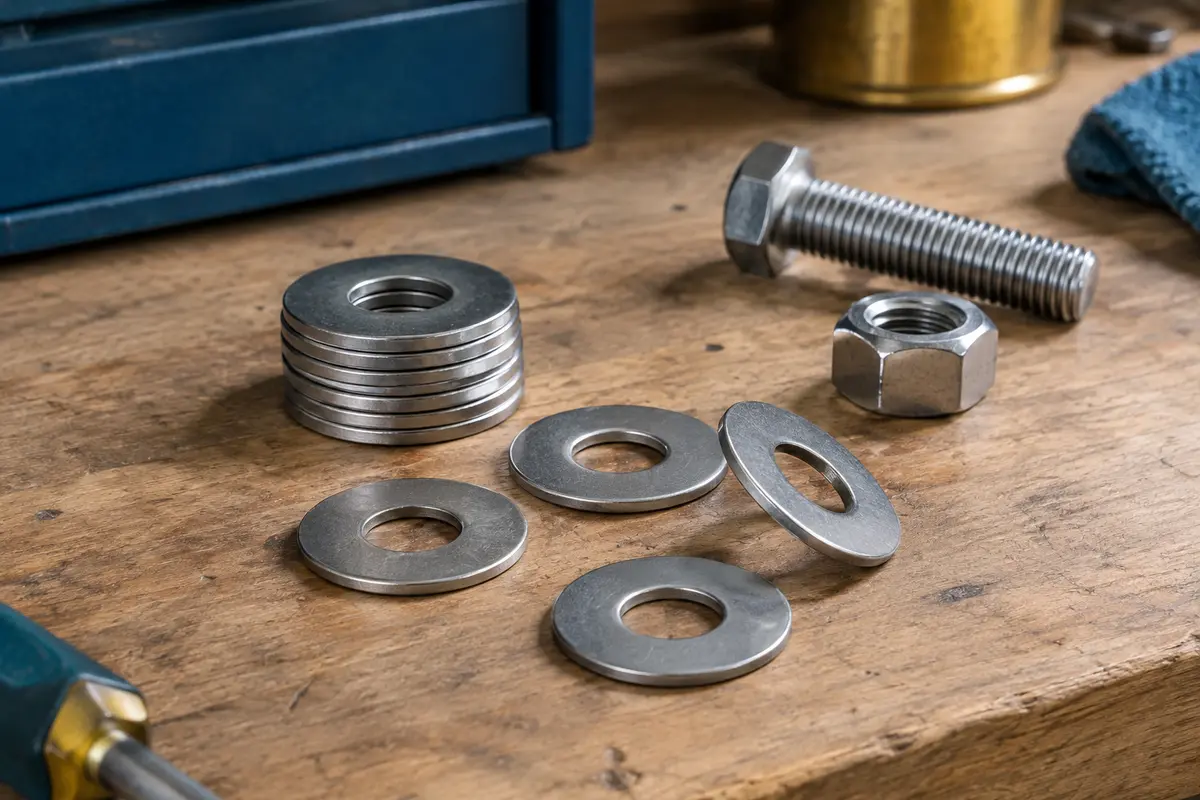 Rondelles plates M10 en acier inoxydable A2 posées et empilées sur un établi en bois