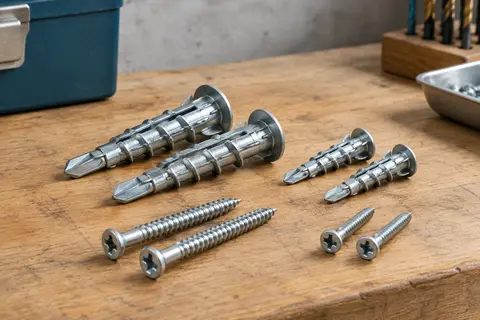 Chevilles autoperceuses et vis argentées en alliage de zinc présentées sur un établi en bois