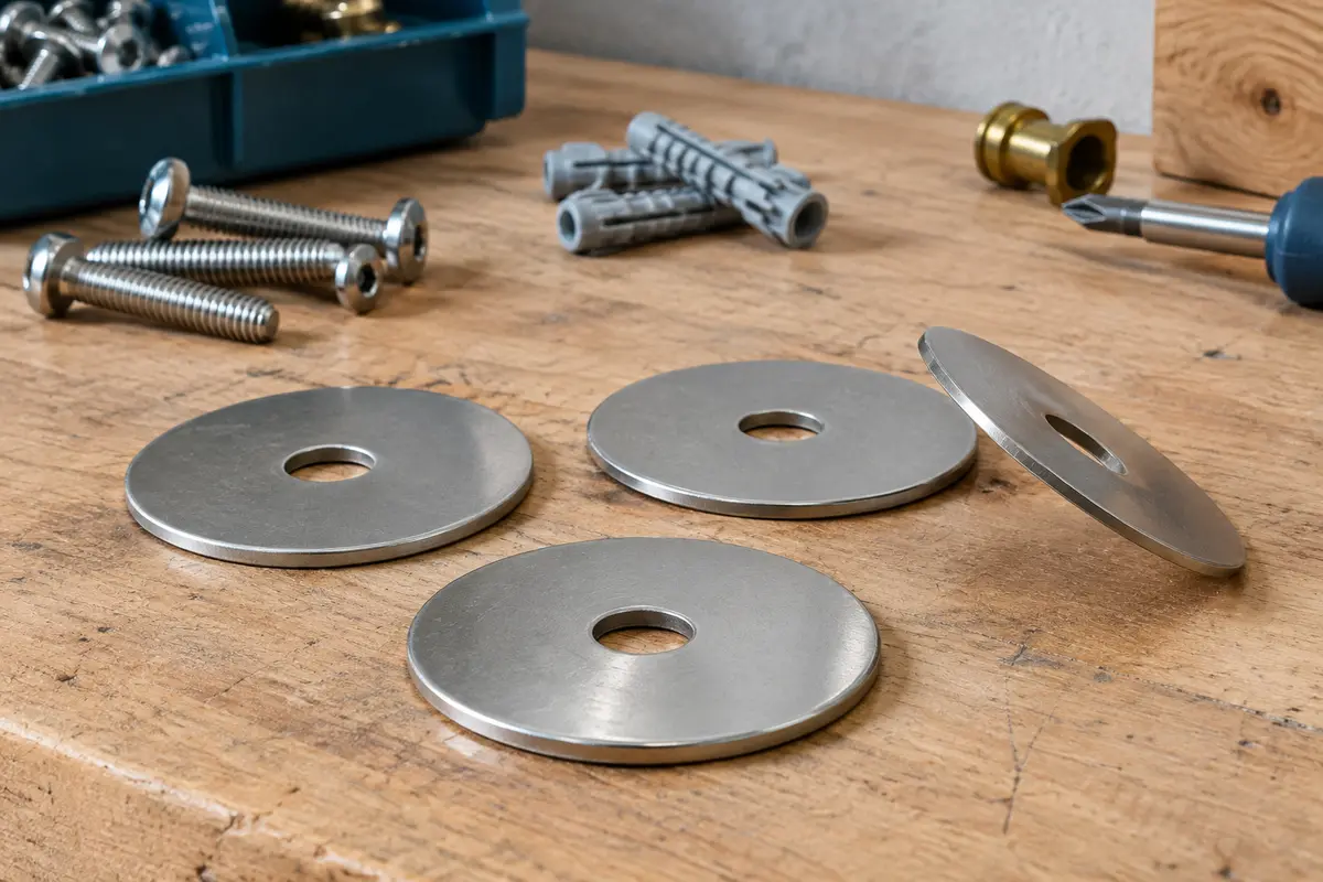 Rondelles plates extra larges en acier inoxydable A2 posées sur un établi en bois brut