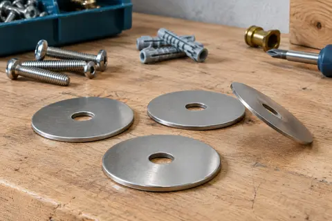 Rondelles plates extra larges en acier inoxydable A2 posées sur un établi en bois brut