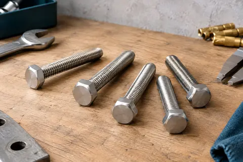 Cinq vis hexagonales en acier inoxydable A2 à filetage total, disposées sur un établi en bois