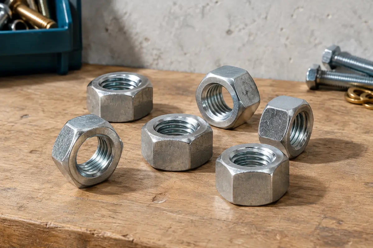 Lot d’écrous hexagonaux M10 galvanisés argentés disposés sur un établi en bois brut