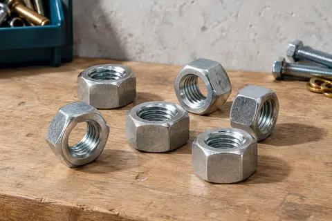 Lot d’écrous hexagonaux M10 galvanisés argentés disposés sur un établi en bois brut