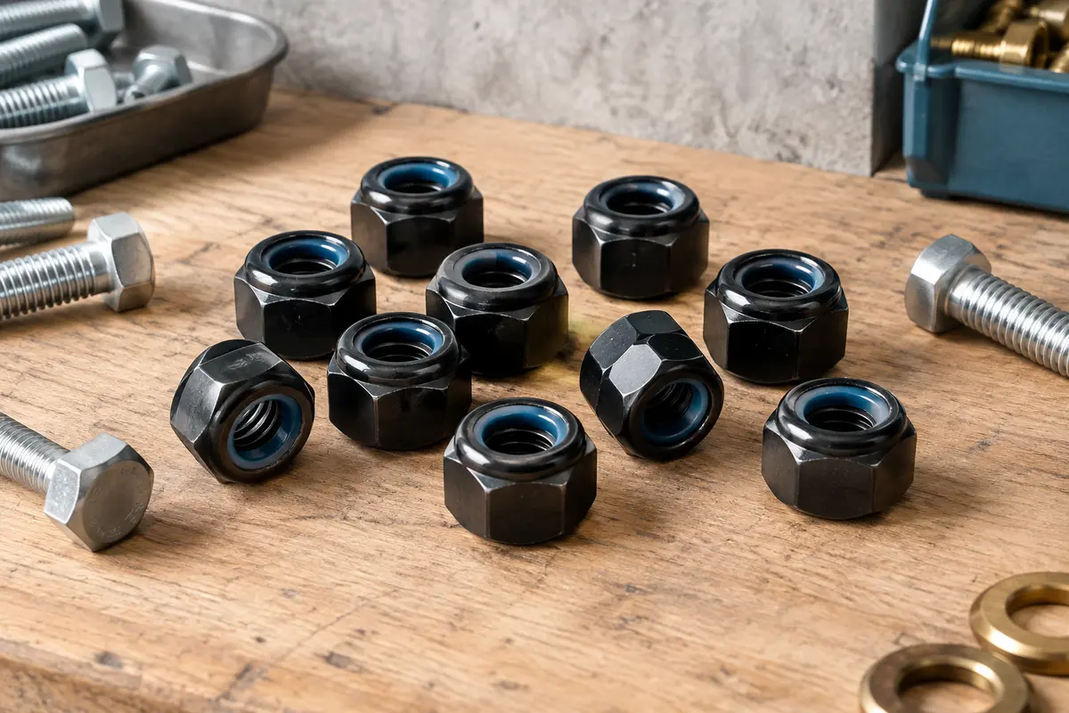 Lot d’écrous hexagonaux autobloquants noirs en inox avec insert nylon, posé sur un établi en bois.