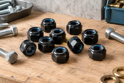 Lot d’écrous hexagonaux autobloquants noirs en inox avec insert nylon, posé sur un établi en bois.