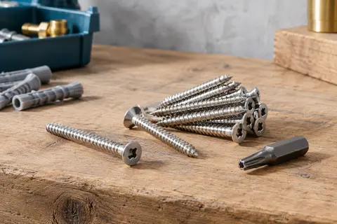 Lot de petites vis à bois inox A2 à empreinte Torx et tête fraisée posé sur un établi en bois.