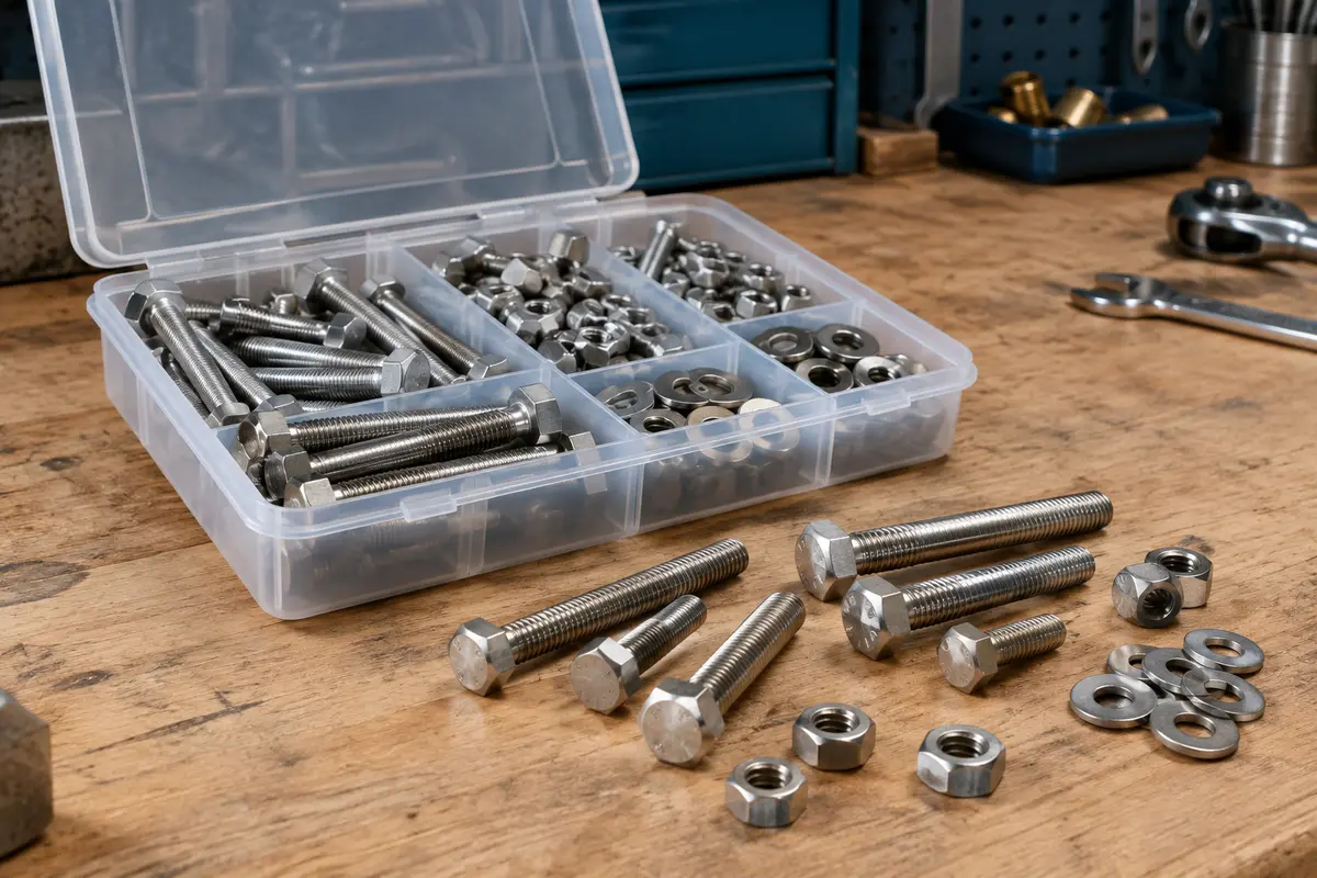 Assortiment argenté de vis hexagonales M6, écrous et rondelles rangés dans une boîte compartimentée