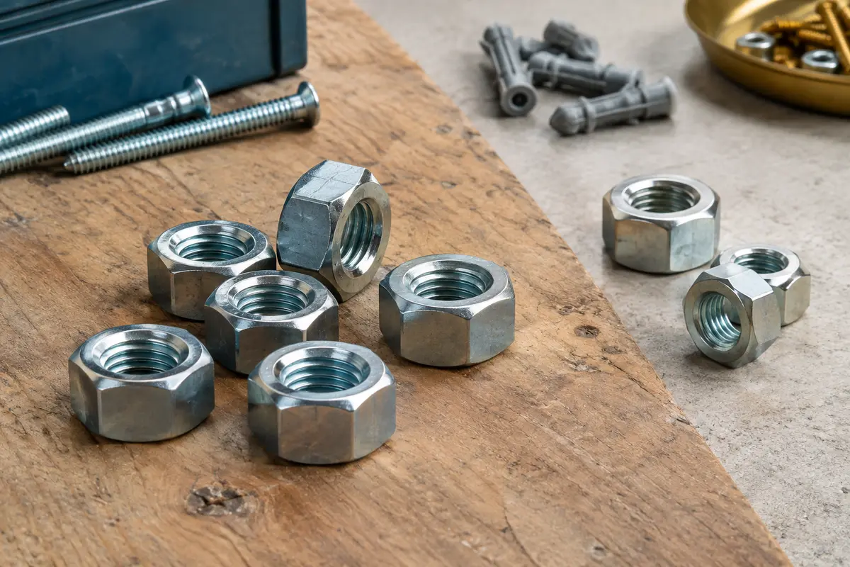 Lot d’écrous hexagonaux M12 zingués en acier, regroupés sur un établi en bois brut