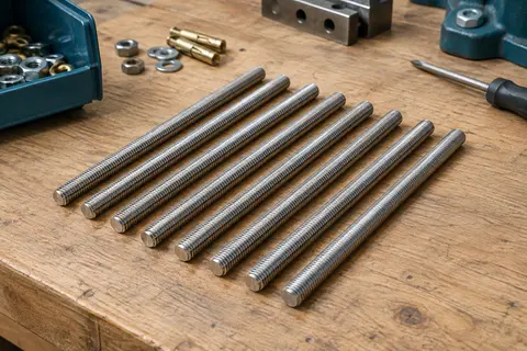 Huit tiges filetées en acier inoxydable alignées sur un établi en bois, filetage complet visible