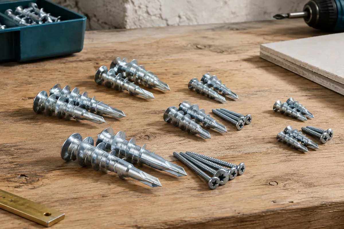 Chevilles autoperceuses M4 en zinc argenté, de quatre longueurs, disposées sur un établi en bois