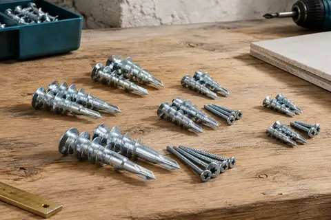 Chevilles autoperceuses M4 en zinc argenté, de quatre longueurs, disposées sur un établi en bois