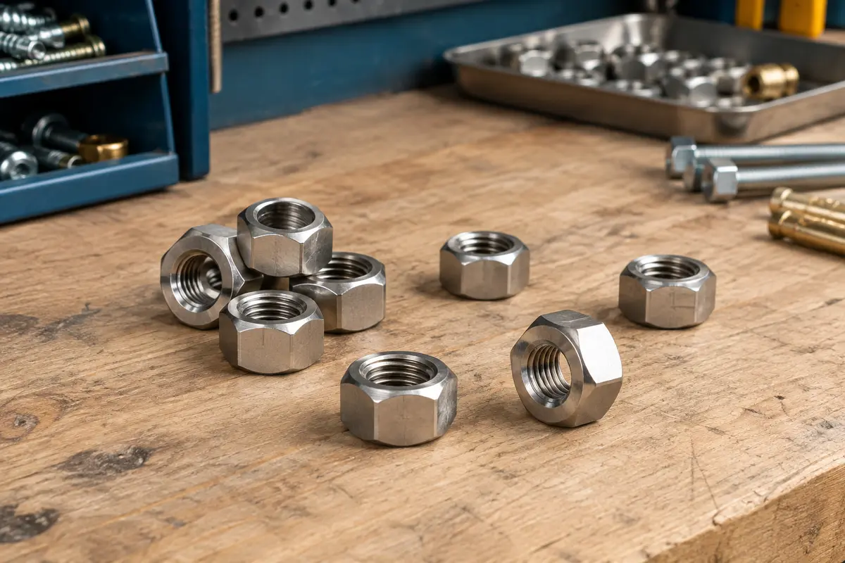 Écrous hexagonaux argentés en acier inoxydable posés sur un établi en bois brut.