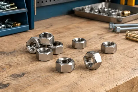 Écrous hexagonaux argentés en acier inoxydable posés sur un établi en bois brut.