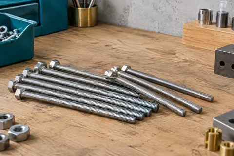 Lot de longues vis hexagonales en inox A2, filetées sur toute la tige et posées sur un établi en bois.
