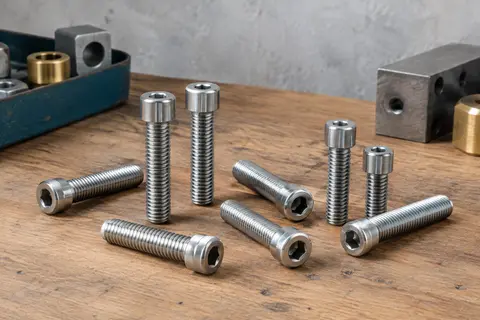 Vis cylindriques inox à six pans creux et filetage complet, présentées sur un établi en bois