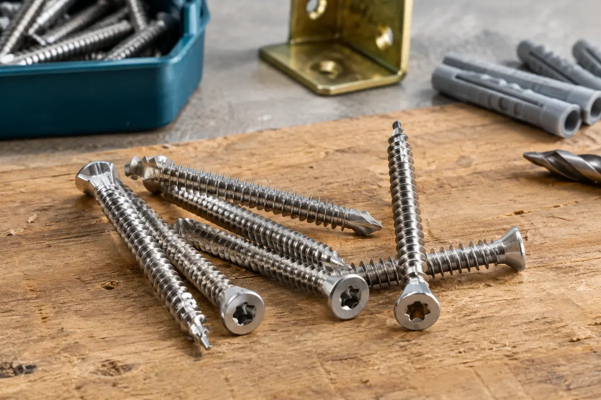 Vis de terrasse Seccaro en acier inoxydable C1, à tête fraisée TX et pointe coupante, posées sur un établi en bois